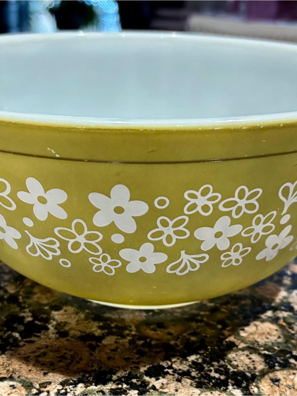 Pyrex Olive Green Ceramic Bowl with White Floral Motif
